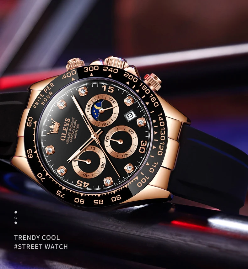Top Brand Luxury Mens Watch Waterproof Sport Analog Silicone Strap Watches for Men Chronograph Original Rubber Wristwatch 41MM