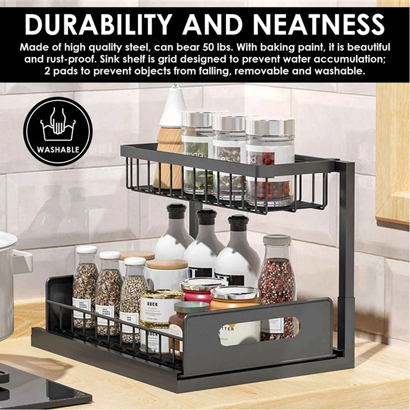 Under Sink Organizer and Storage, 2 Tier Rustproof Under Cabinet Storage,  Sliding Kitchen Sink Organizer for Kitchen Bathroom