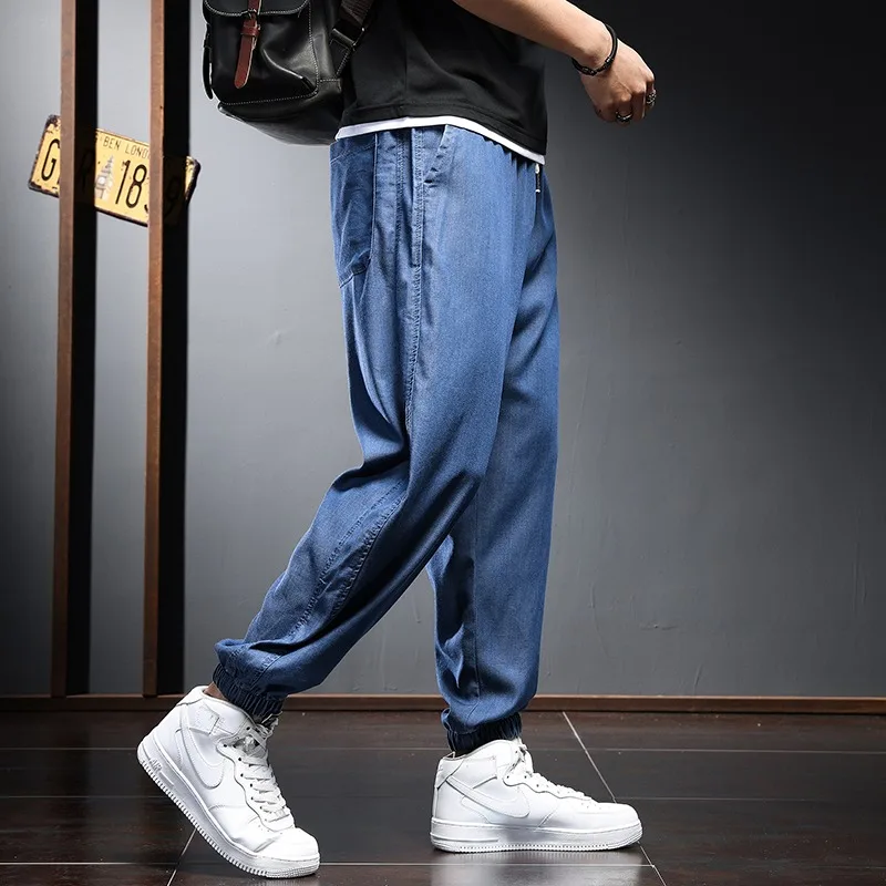 2022 Summer Lyocell Jeans Men Streetwear Baggy Joggers Pencil Pants Thin Blue Jean Casual Elastic Waist Denim Trousers