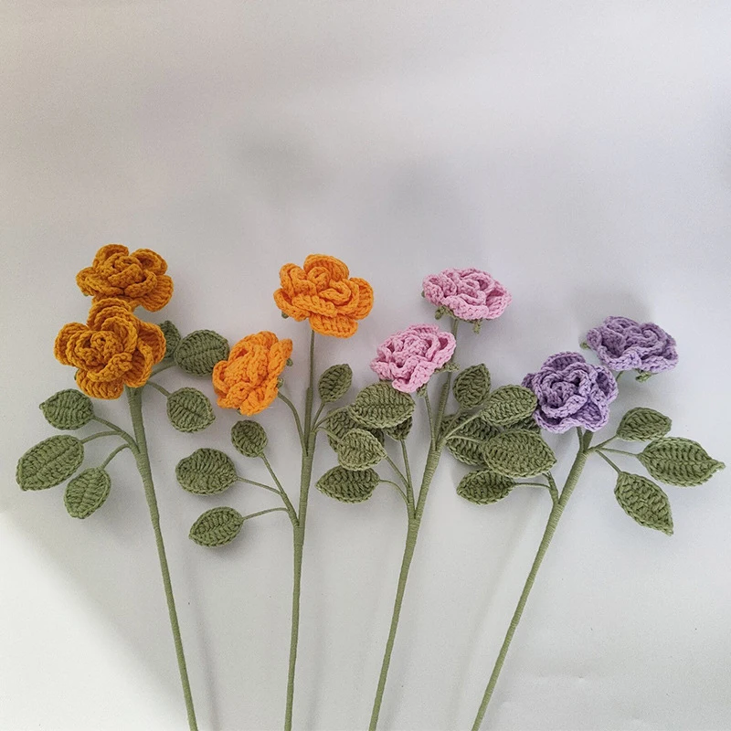 Handmade Crochet Knitting Multi-Head Rose Bouquet Milk Cotton DIY Imitation Flower Home Decoration