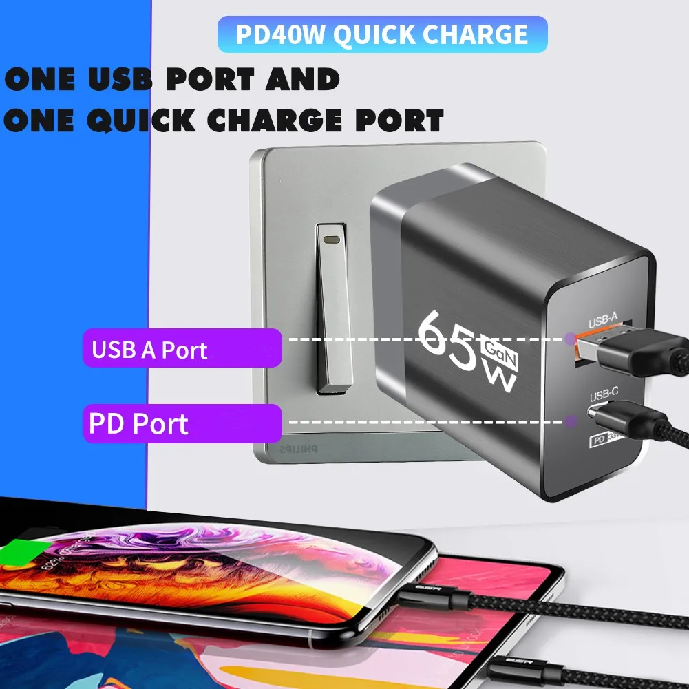GaN 65W PD USB Charger Quick Charge Universal Mobile Phone Charger Fast Charging Adaptor for IPhone 13 14 Pro Max Xiaomi Samsung