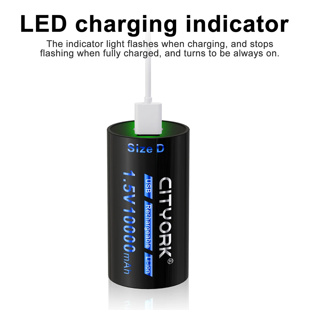 R20 Battery D size Rechargeable Battery 1.5V 10000mAh Type-c Charging  Li-ion Batteries for Gas stove, Flashlight, Water heater