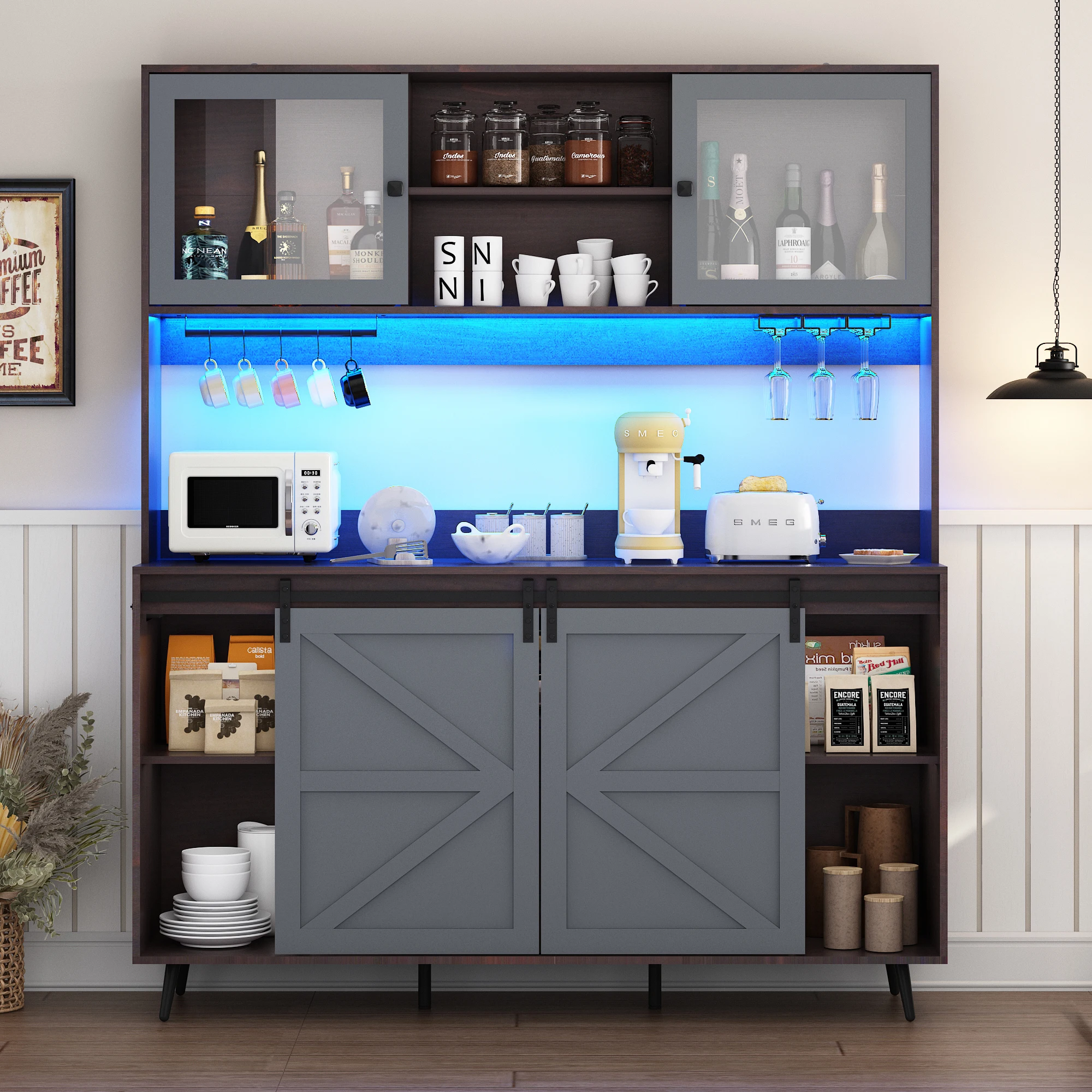 75" Tall Large Buffets Sideboards with Sliding Barn Doors & Drawers, Farmhouse Led Coffee Bar Cabinet Table w/Wine Glasses Rack