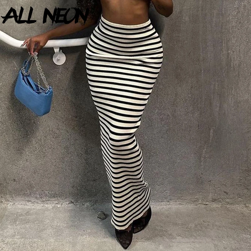 

ALLNeon High Waist Long Skirts 90s E-girl Fashion Black White Striped Bodycon Skirt Y2K Chic Knitted Bottoms Casual Fall Clothes