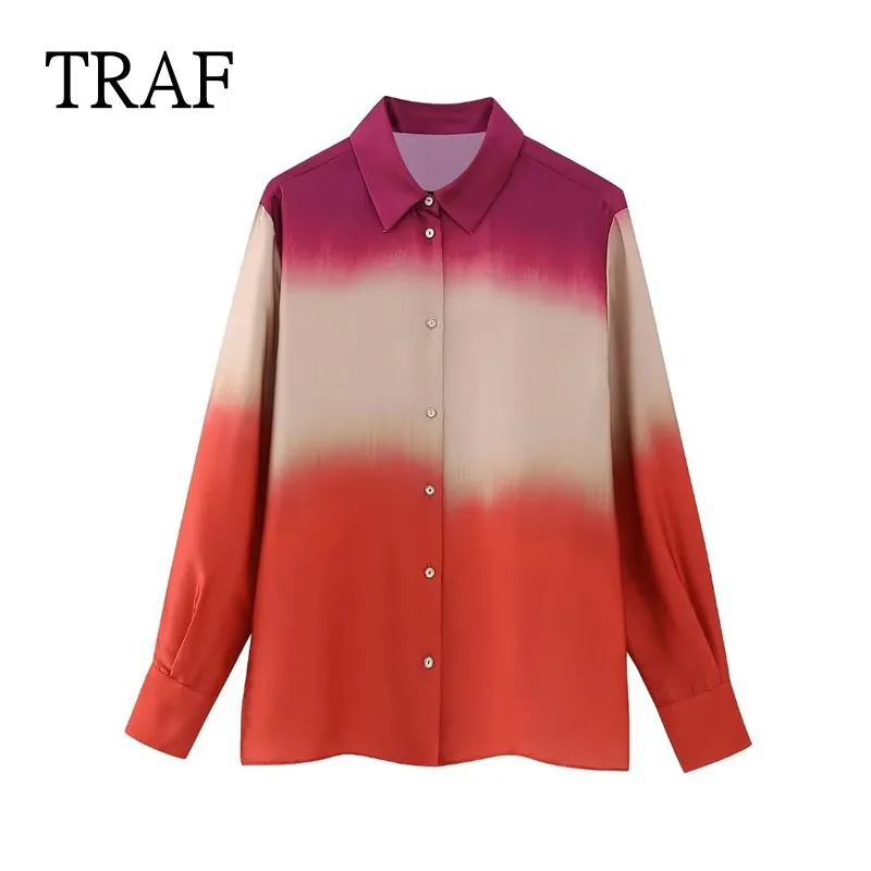 

TRAF Tie Dyed Shirt Women 2023 Fashion Print Top Female Shirts Vintage Loose Long Sleeved Casual Blouses and shirts Summer Tops
