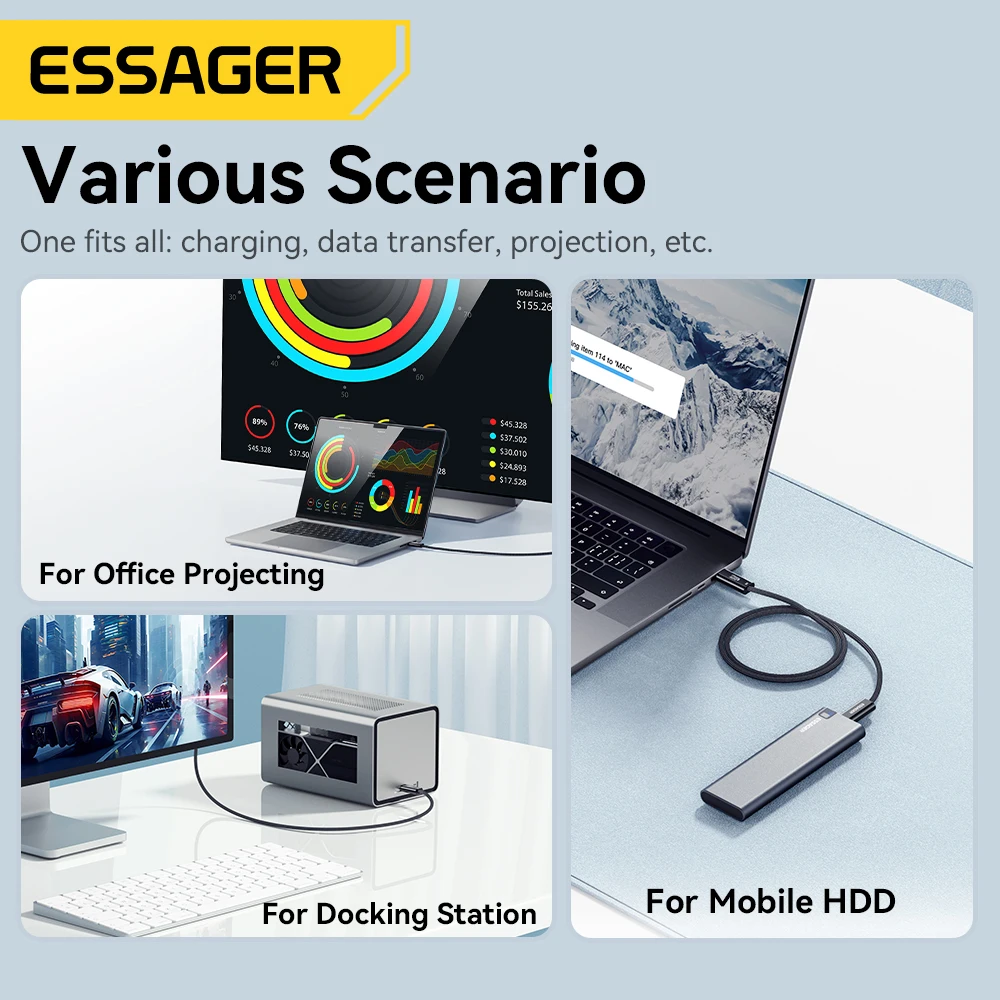 Essager 240W USB Type C Cable USB4.0 40Gbps 8K 60Hz For iPad MacBook Laptop 5A PD3.1 Ultra Fast Charging For iPhone 16 15 Xiaomi