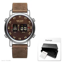 Luxury Men's Military Sport Quartz Watch with Brown Leather Strap (Brown Silver - Box)