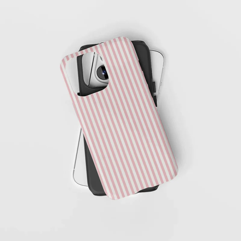 Chic Pink & White Striped Glossy Phone Case - Durable 2-in-1 Design
