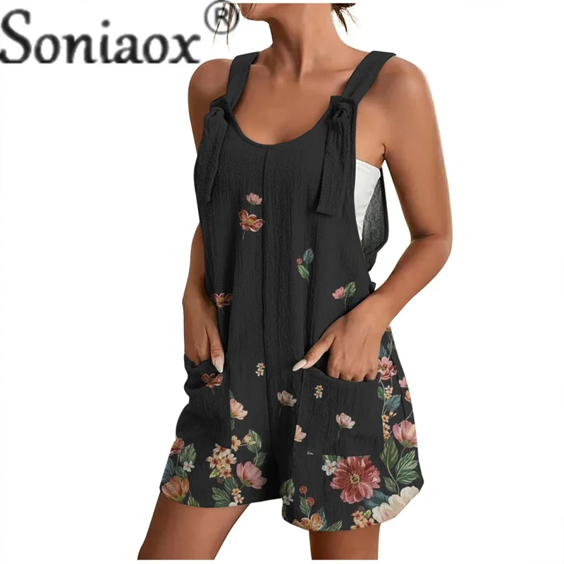 Summer Suspenders Jumpsuit Shorts Splicing Pocket Female  Fashion Botanical Flower Print Rompers Women's Casual Loose Streetwear