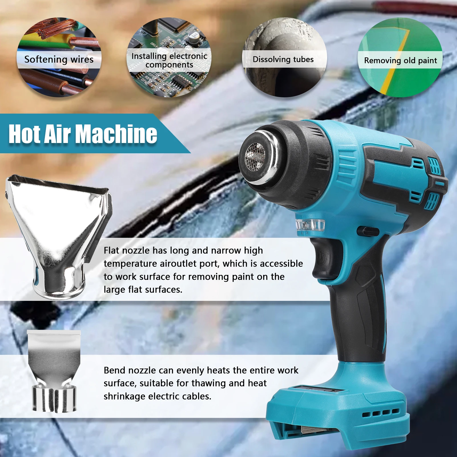 

300W Lithium Handheld Cordless Hot Air Machine Rechargable Quick Heating with 3 Nozzles for Shrink Wrapping Heat Shrink Tube PVC