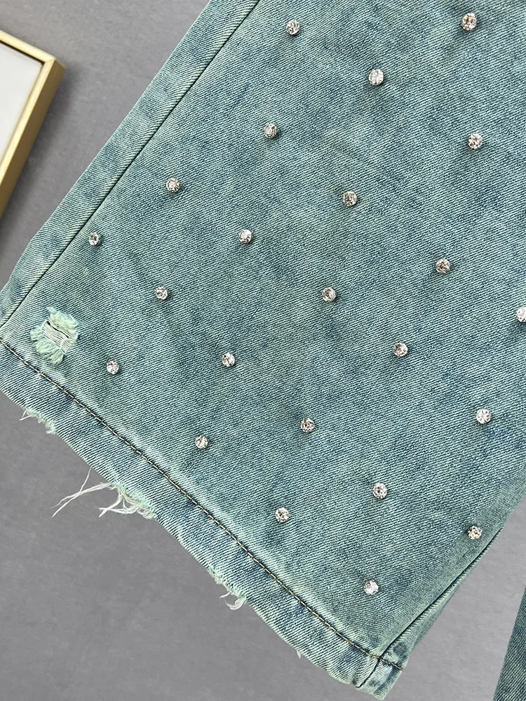 Exquisite Rhinestone Denim Shorts Women's Trousers 2024 New Summer High Waist Loose And Slimming Wide Leg Pants Breeches Female