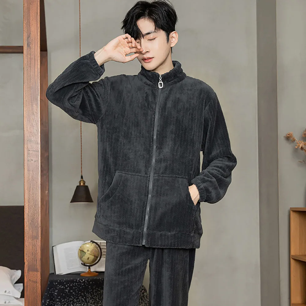 Winter Flannel Thick Stand-up Collar Zipper Homewear Set For Men Women Oversized Coral Velvet Cardigan Solid Warm Outside Pajama
