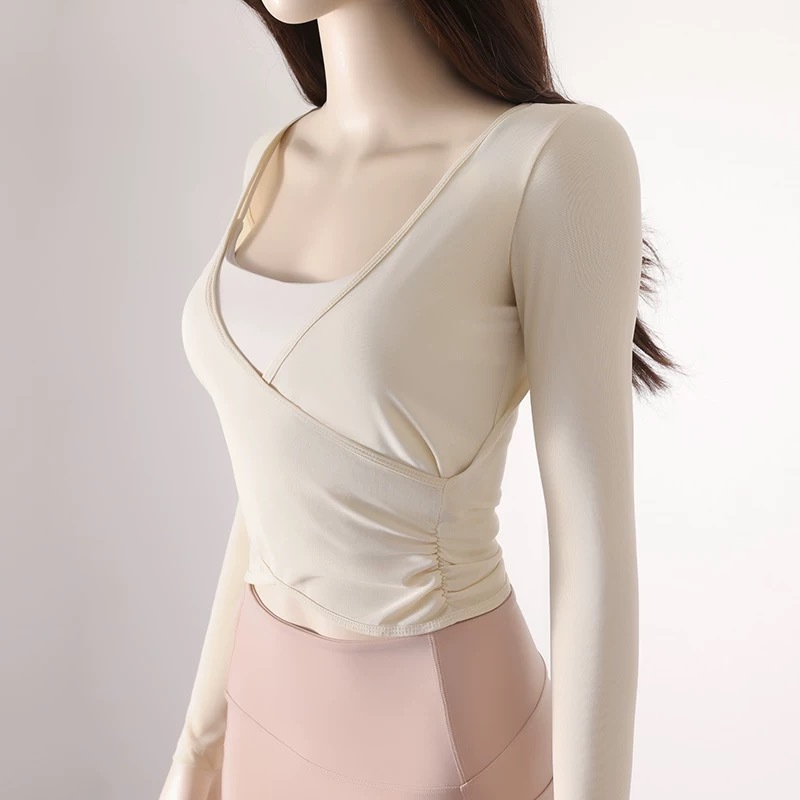 Quick Drying Yoga Sports Top V-Neck Cross Waist Mesh Breathable Fitness Long Sleeve Cover up for Women