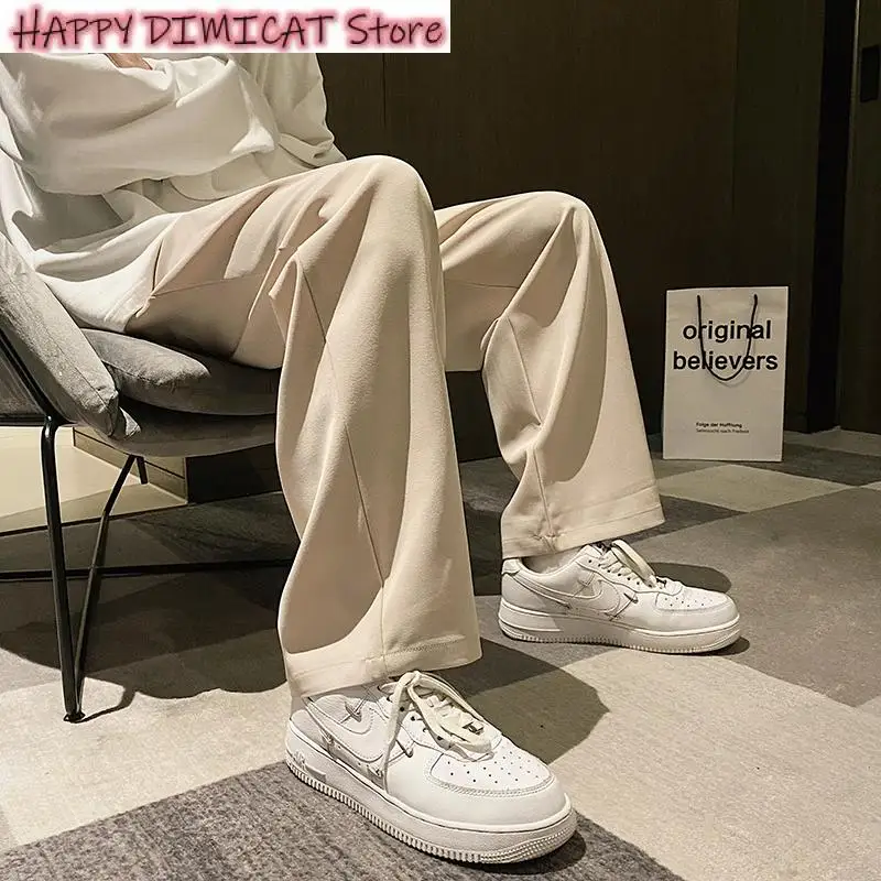 Loose Straight Trousers Men Casual Pant Men Baggy Wide Leg Pants Ankle Length Elastic Waist