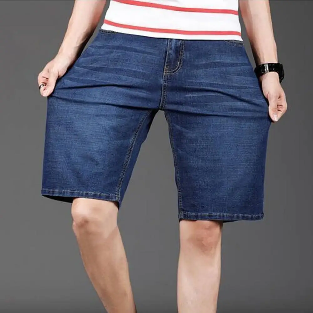 Men's Denim Shorts Summer Solid Color Casual Loose Multi-pocket Straight Five-minute Pants Elastic Knee Jean Shorts