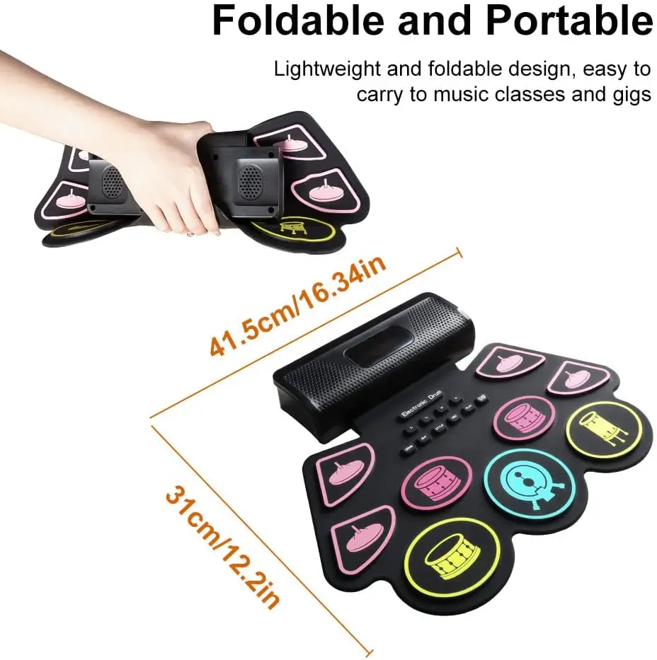 Digital Drum Set Silicone Portable Roll Up Electronic Drum Kit 9 Thickened Pad Built-in Speakers fo Beginner Kids Adult Practice