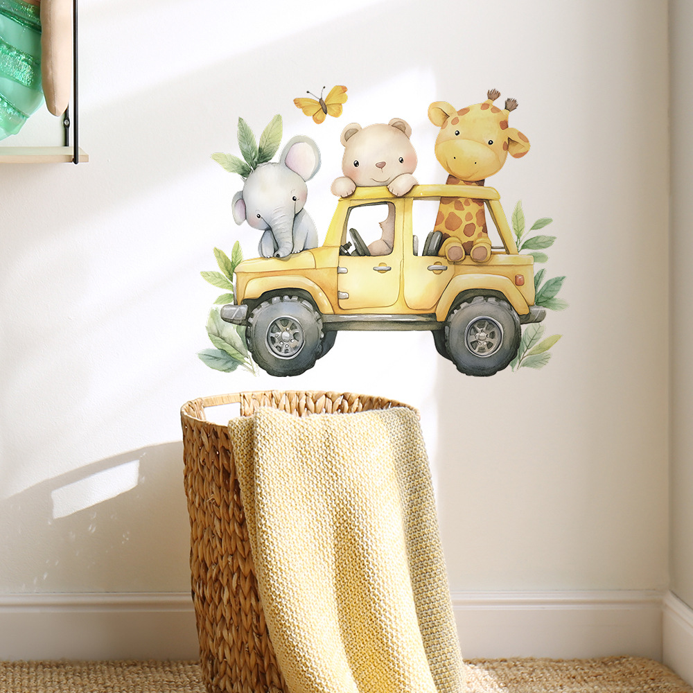 Cartoon Car Elephant Giraffe Wall Stickers For Kids Room Decoration Mural Bedroom Home Decor Self-adhesive Cute Animals Decals