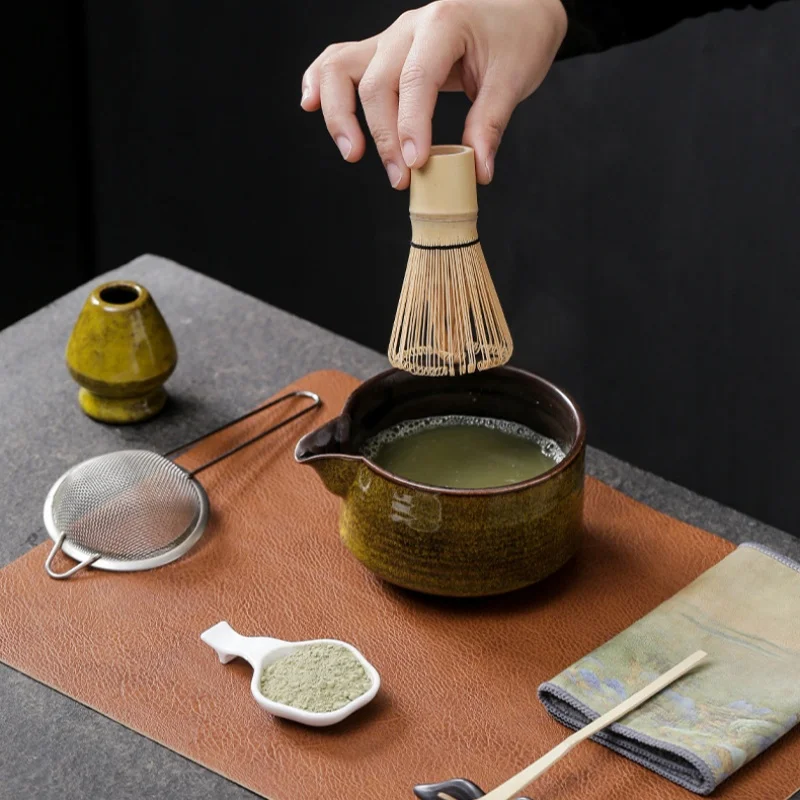 4/7pcs Japanese Matcha Set Kit Handmade Ceramic Grinder Bowl Matcha Whisks Bamboo Spoon Strainer Kitchen Accessories Gift Set