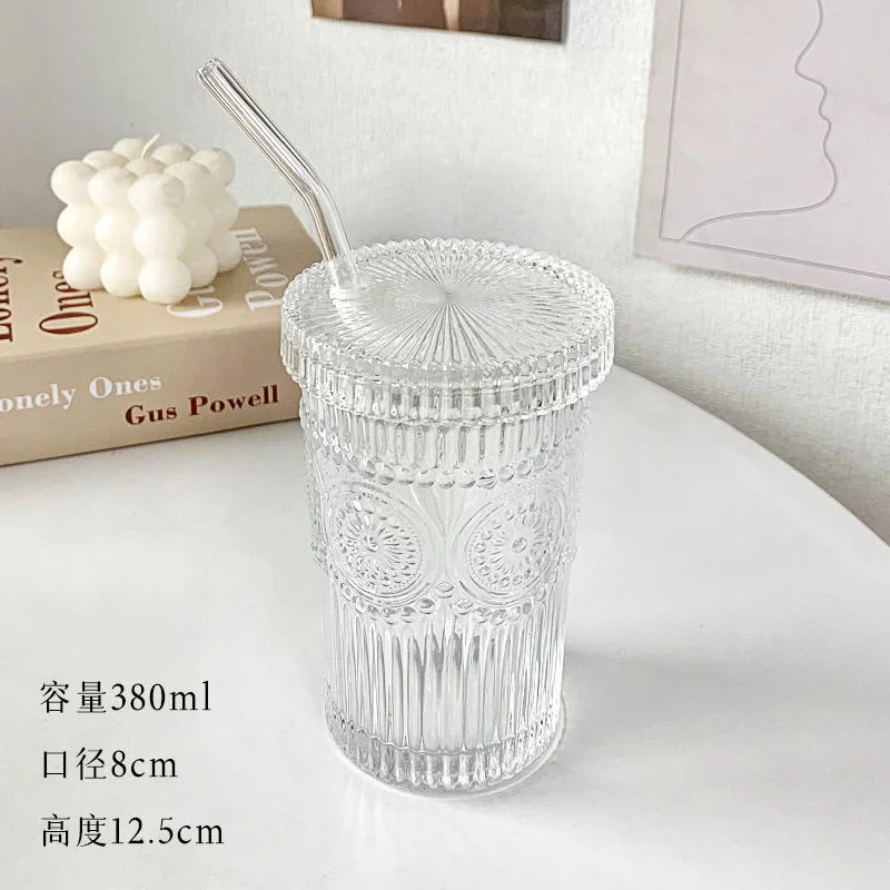 2/1Pcs 375Ml Vertical Stripe Glass Cup With Lid Straw Cup Transparent  Ribbed Tea Coffee Cup Juice Beer Milk Mocha Breakfast Mug - AliExpress