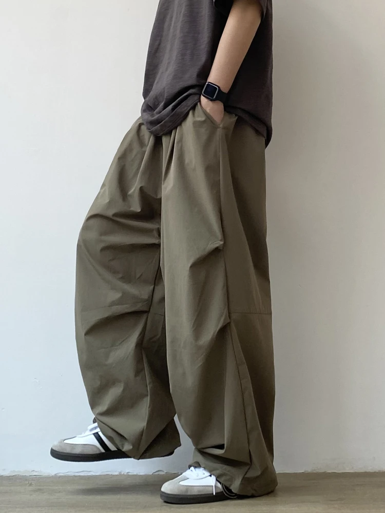 Summer Japanese Retro y Loose Wide Leg Pants Men's Casual Straight Leg Long Trousers Folded Pure Color Versatile Clothes
