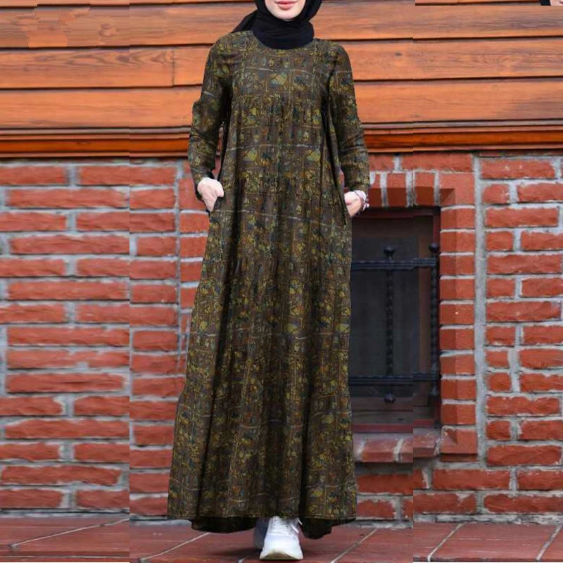MISSJOY Ramadan Eid Women's Muslim Robe Dubai Print Cotton Linen Lightweight Breathable Arabian Turkey Round Neck Islamic Dress