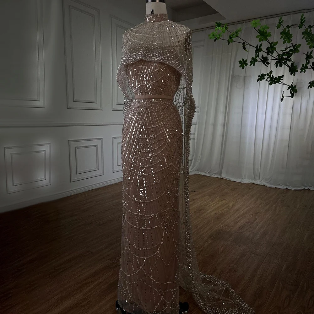 S493421650a874157a92c735b431b9867E Arabic Nude Mermaid Long Cape Sleeves Luxury Evening Dresses Gowns For Women Wedding Party Mallzona