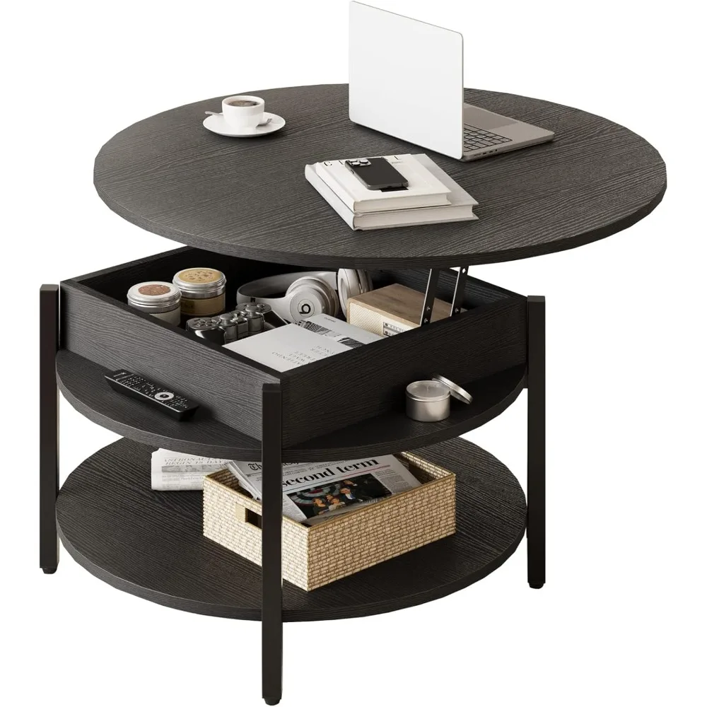 Round Lift Top Coffee Table for Living Room, 35.43'' Round Coffee Table with Storage and Hidden Compartment, 2 Tier Large 2