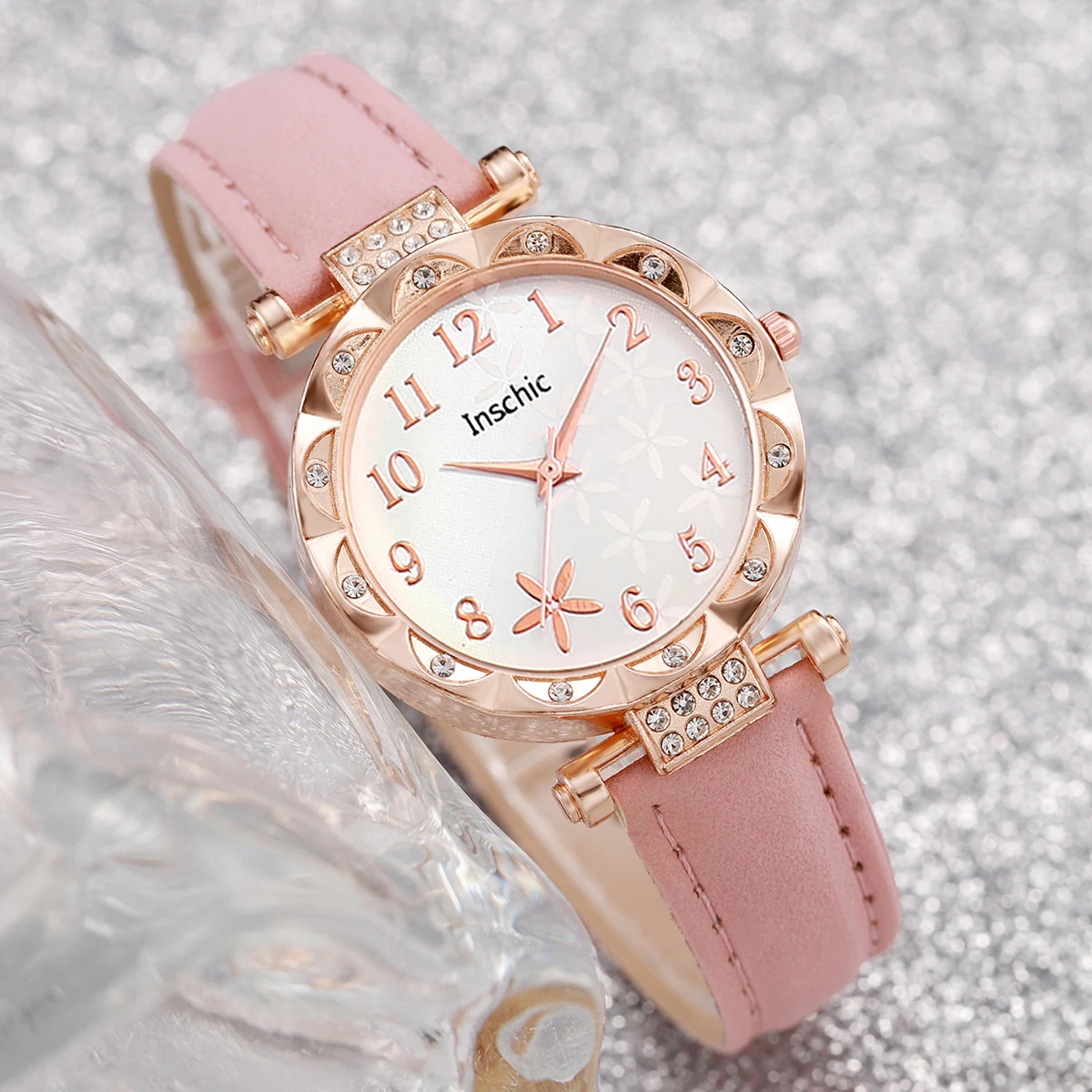 6pcs/Set Women's Flower Quartz Skin Leather Watch Strap Jewelry Set 4
