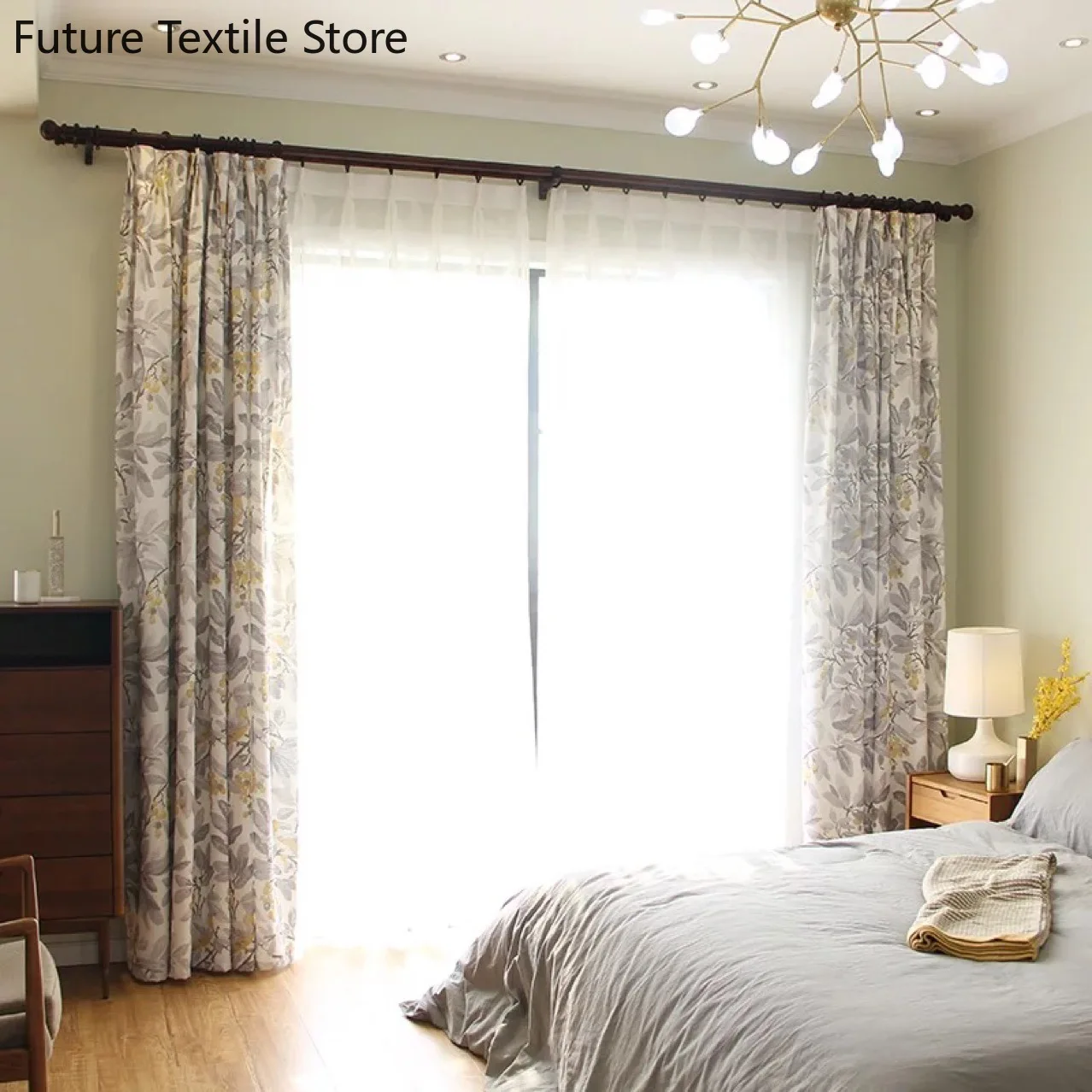 

2023 New American Pastoral Country Cotton and Linen Printed Gray Fabric Curtains Curtains for Living Dining Room Bedroom