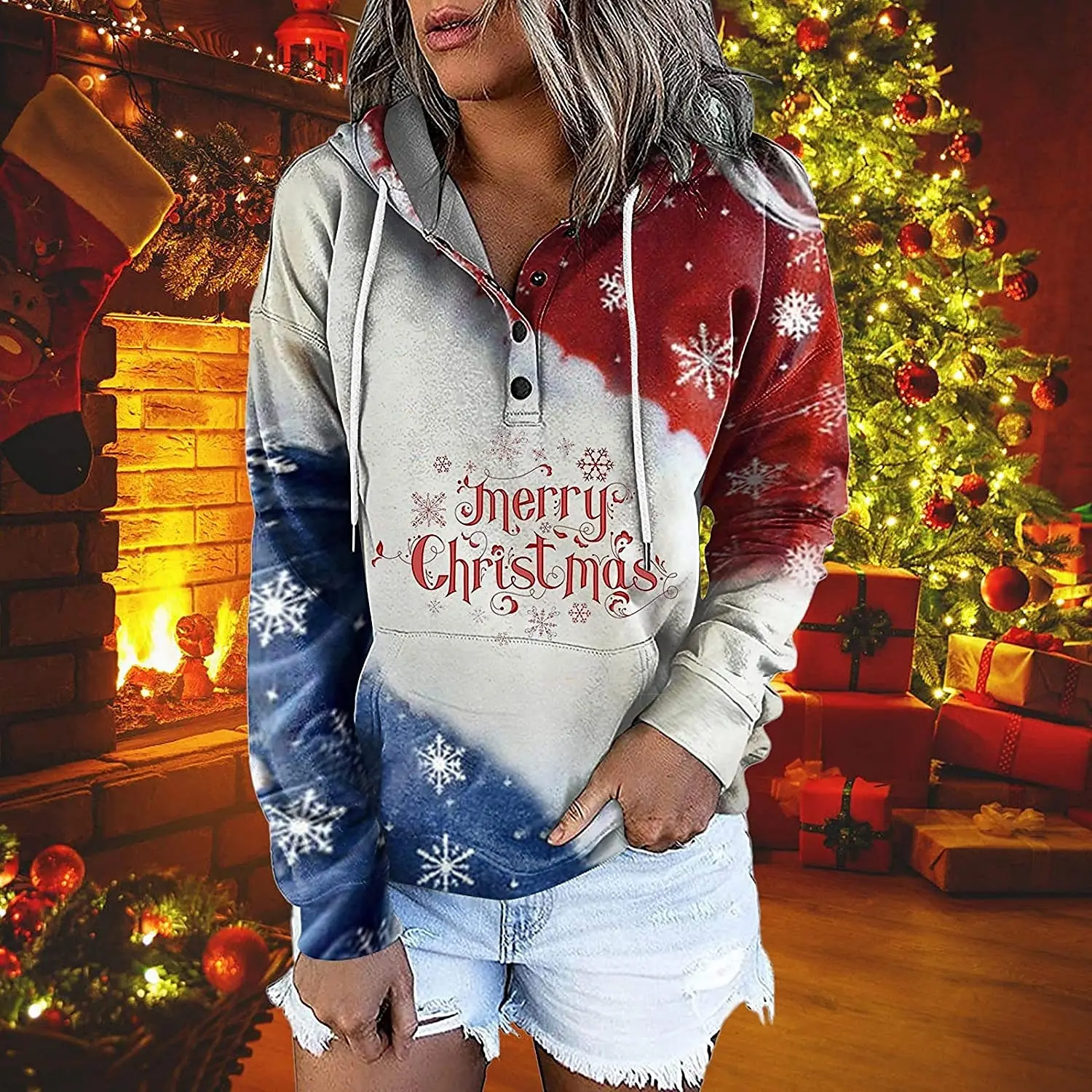 

Women's Hoodies Christmas Sweatshirt Girl Elk Christmas Tree Text Hooded Long Sleeve Cotton 3D Print Pullover Tops Streetwear