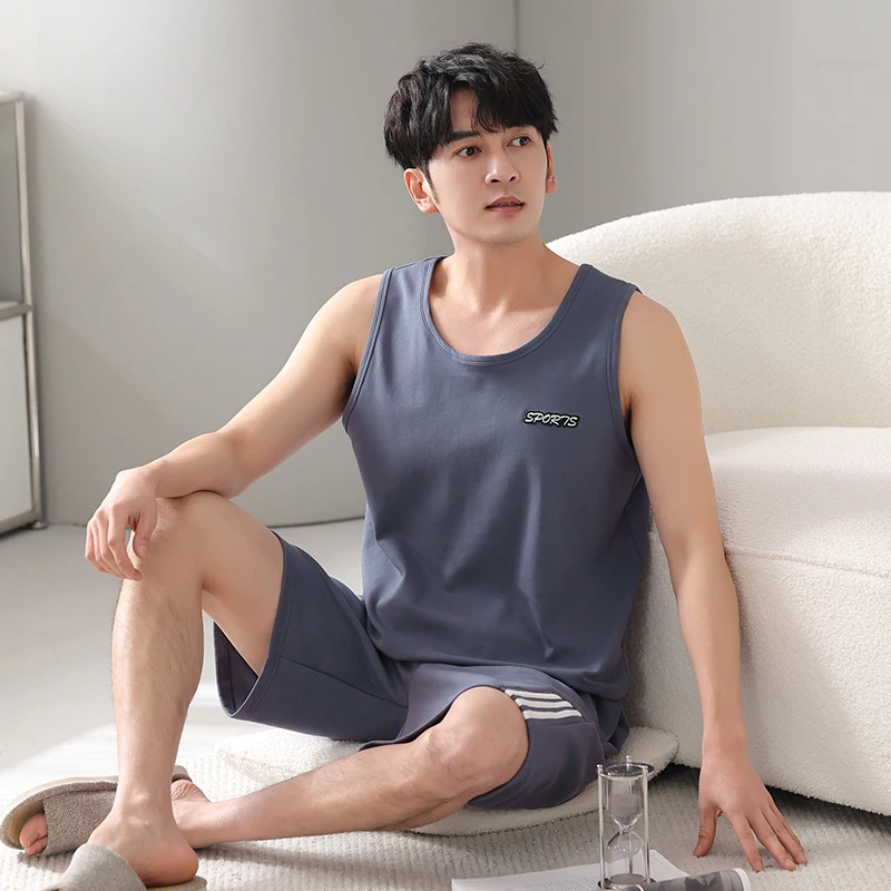 Plus Size 4XL-7XL Men Pajama Set Summer Knited Cotton Sleepwear Suit