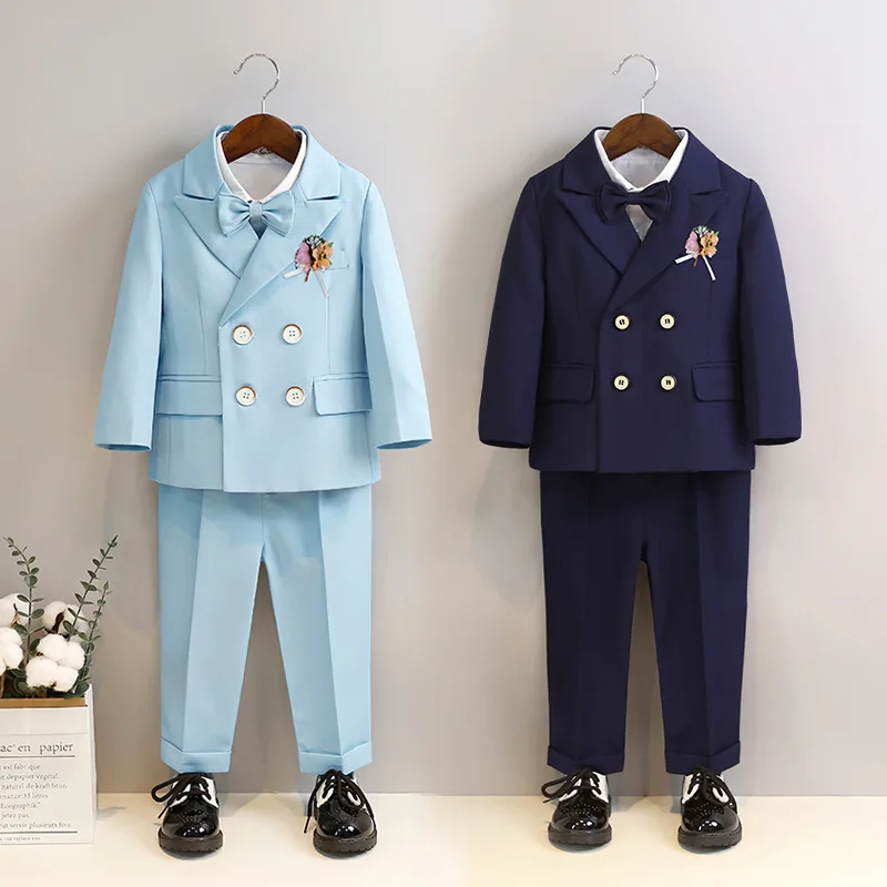 

Kids Jacket Pants Bowtie Strap 4PS Ceremony Photograph Suit Flower Boys Performance Costume Children Sky Blue Piano Party Dress