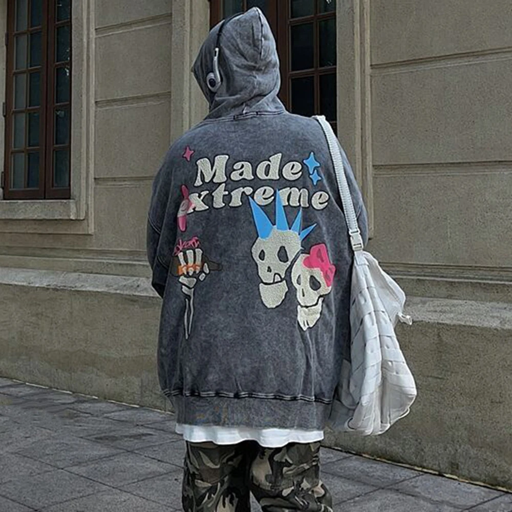 

American Couple Skull Hooded Unisex Autumn Winter Retro Hip-Hop Washed And Distressed Loose Casual Velvet Thickening Sweatshirt