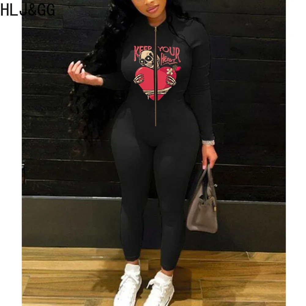 HLJ&GG Sexy Pattern Printing Bodycon Jumpsuits Women Zipper Long Sleeve Skinny Pants One Piece Playsuits Casual Sporty Overalls