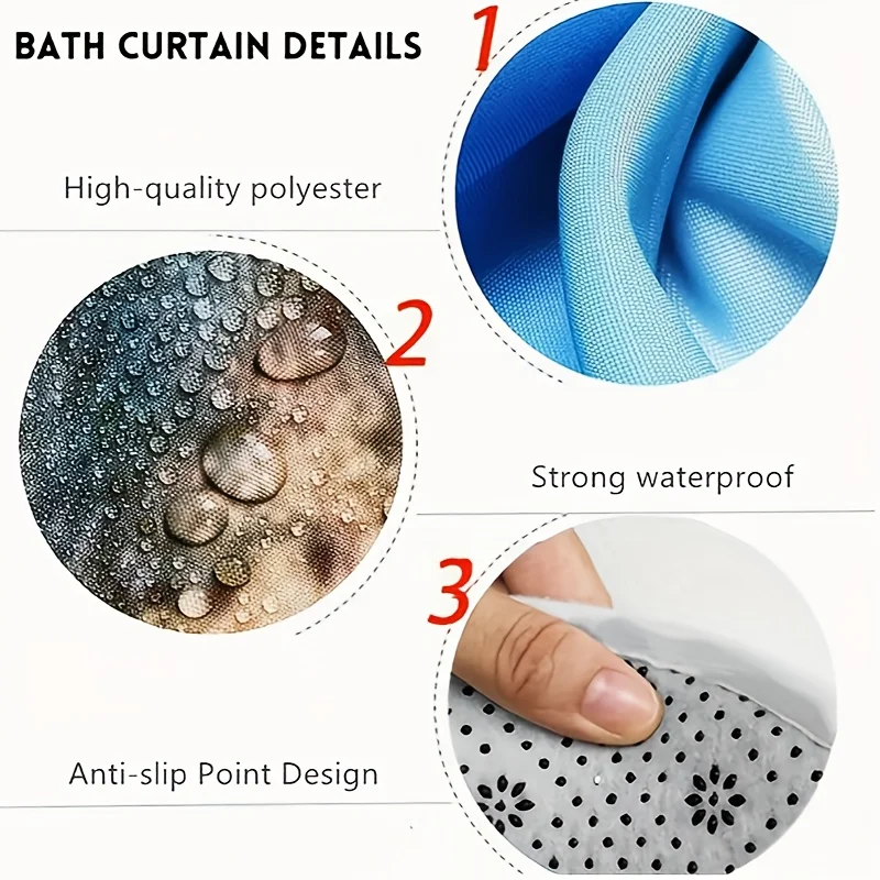 4pcs Floral Wooden Pattern Shower Curtain Set, Bathroom Rug, U-Shape Mat, Toilet Lid Pad, Waterproof Curtain With 12 Plastic , B