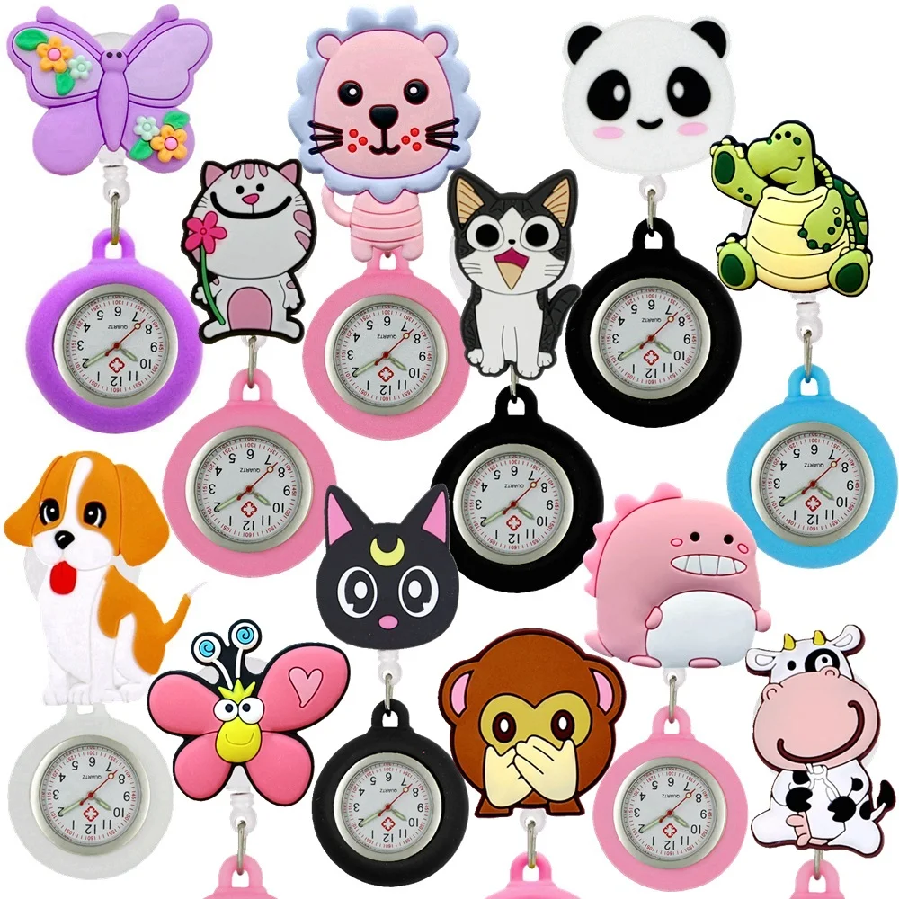 Unisex Nurse Doctor Hospital Medical Cartoon Cute Animals Retractable Clip FOB Pocket Watches Hang Brooch Badge Reel Clock Gifts