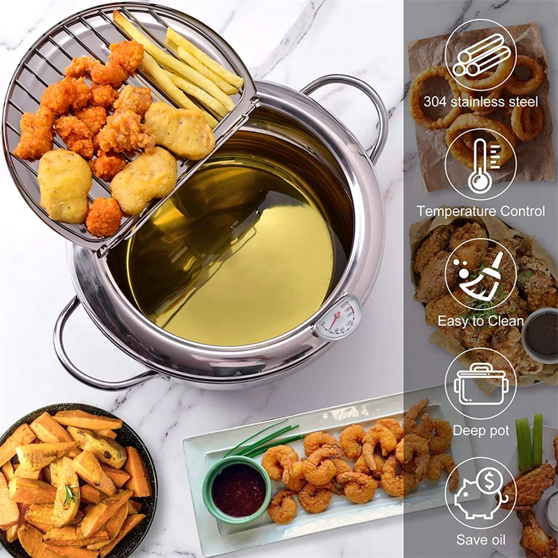 Premium Stainless Steel Japanese Tempura Fryer with Thermometer and Lid