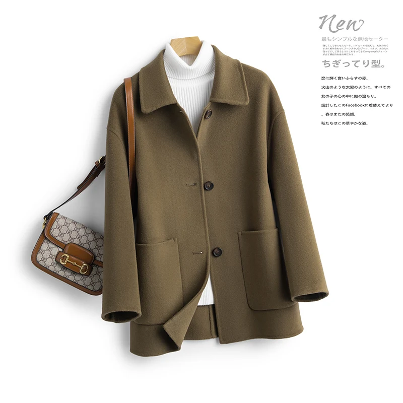 가을 겨울 코트 여성 정장 칼라 모직 재킷 한국식 싱글 브레스트 포켓 양면 캐시미어 짧은 아우터 여성용