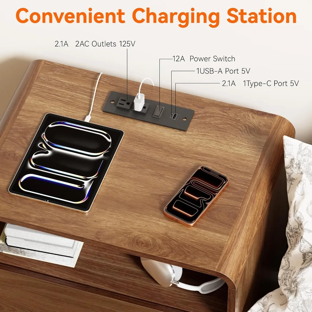 Modern Nightstand with Hidden Drawers, Charging Station, Walnut Finish for Bedroom Living Room