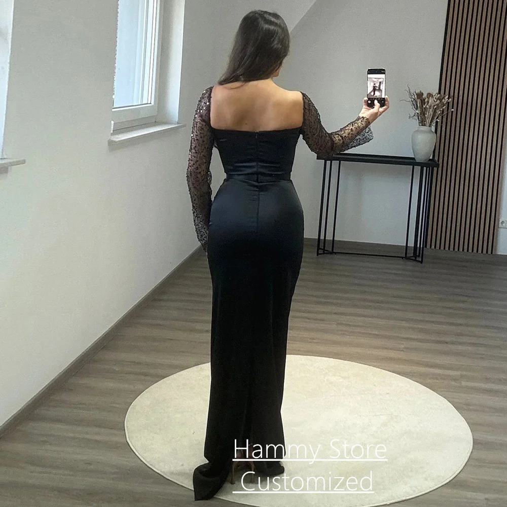 Pale Pink Evening Dress Customized Square Neck Long Sleeves Sequined Floor Length Satin Mermaid Prom Gown Pageant Party Dresses 4