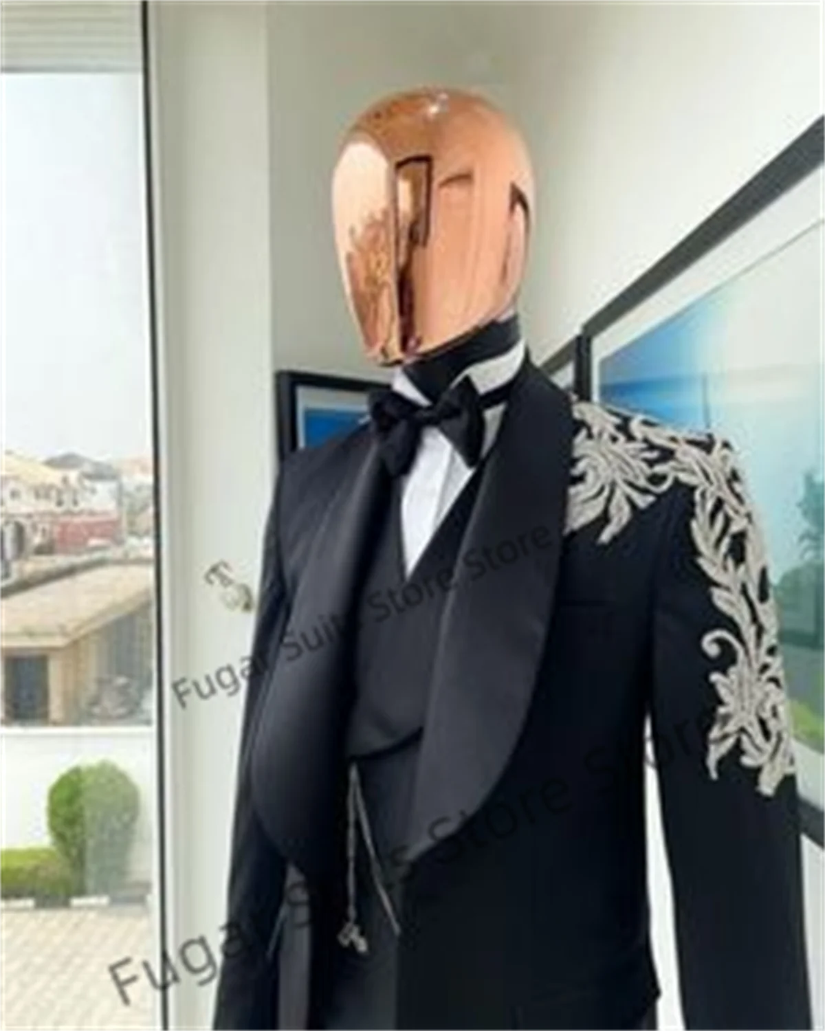 Luxuly Black Jacquard Wedding Suits For Men Slim Fit Formal Prom Party Groom Tuxedos2PCS Sets Business Male Blazer Costume Homme