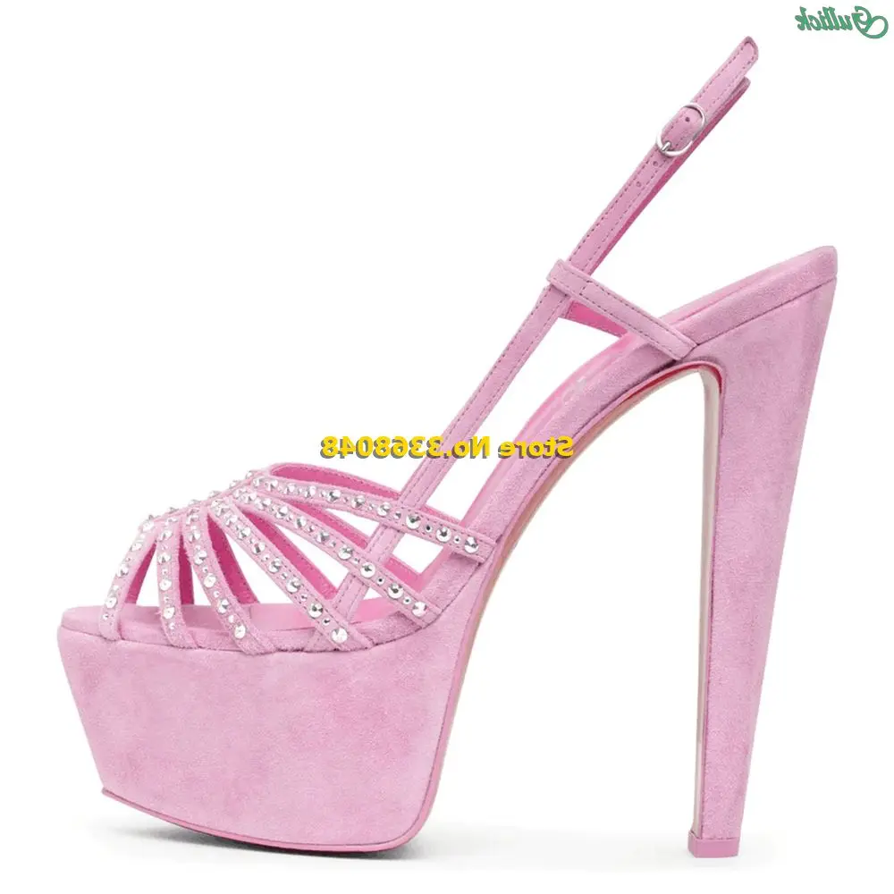 

Pink Suede Sandals Strappy Embellished with Shimmery crystals Platform Block Heels 160mm Peep Toe Summer Slingback Shoes