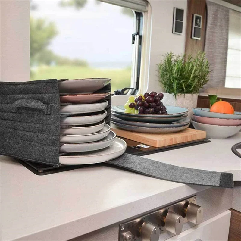 

Plate Storage Holder Bag For Motorhome Campervan Picnic Cupboard Tableware Portable Dinner Felt Plate Box Layered Storage