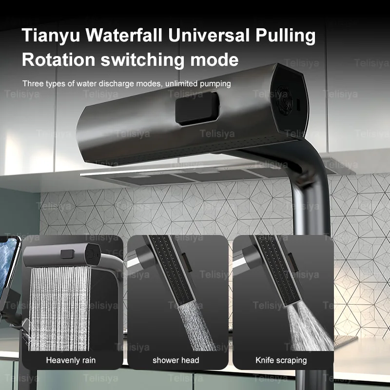 Digital Display Kitchen Sink New Waterfall with Honeycomb Embossed Booster Faucet Large Countertop Basin Single Sink