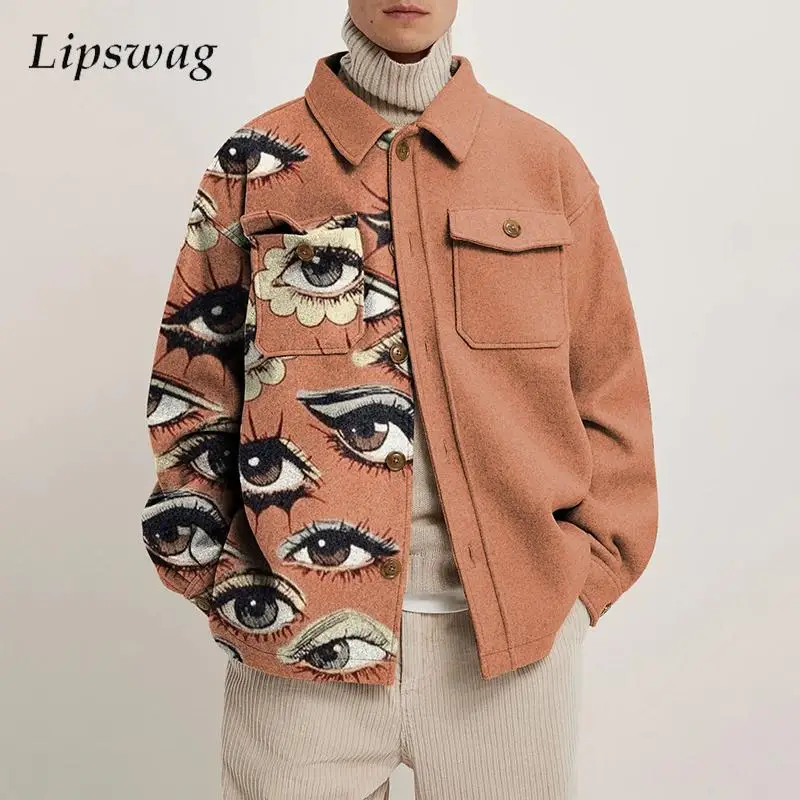 

Y2K Mens Jackets Vintage Graphic Print Woolen Jacket Coat Autumn Fashion Loose Button Lapel Coats Men Casual Outfits Streetwear