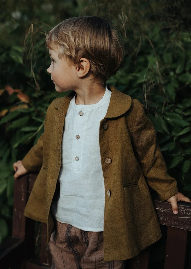 Autumn New Cotton and Linen Children Clothing Wooden Single Breasted Long Sleeved Shirt Cute Boys and Girls Baby Shirt