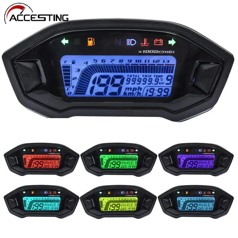 velocimetro moto Digital LCD para motocicleta, velocímetro Universal de  13000rpm, retroiluminación para vehículos de Motor de 2-4 cilindros,  odómetro, 7 colores ajustables - AliExpress