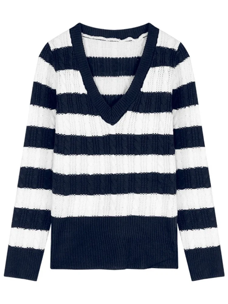 Fashion New Women's Striped V-neck Sweater Autumn and Winter Elegant Slim-fitting Long-sleeved Knitwear Bottoming Shirt