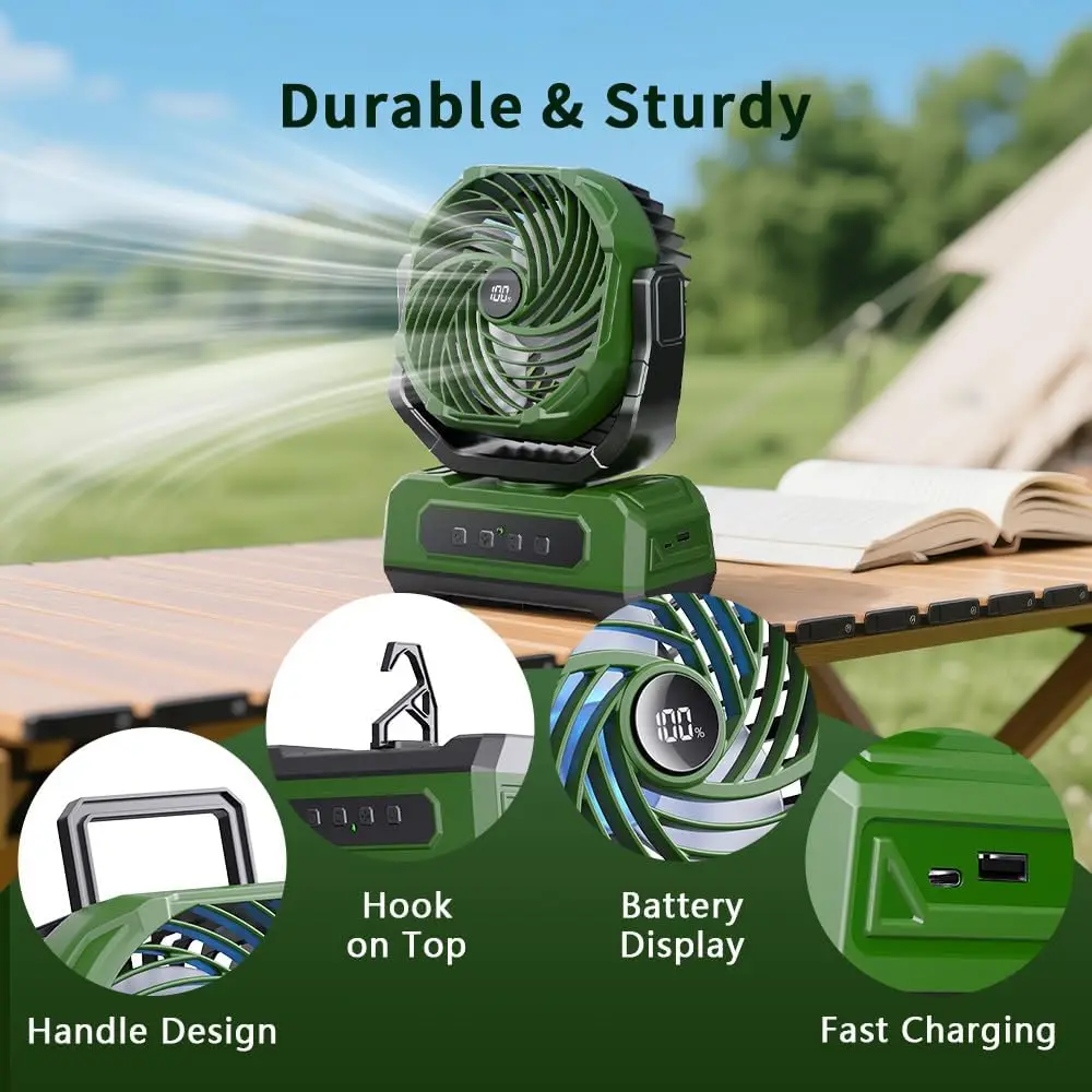 Rechargeable 4-Speed Desk Fan with Timer, LED Light, and Hanging Hook
