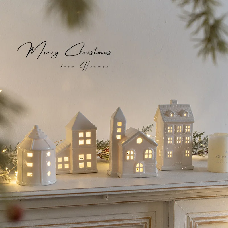 White Porcelain Christmas LED Lighted White Houses Decor Miniature Christmas Village Houses Snowflake Glowing Castle